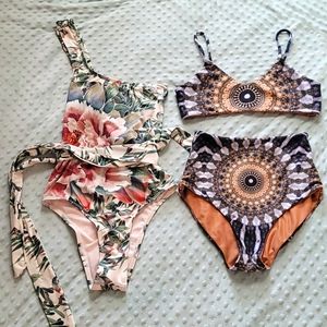 Two XS/Small Swimsuits: Reversible Bikini and One Shoulder Floral One Piece